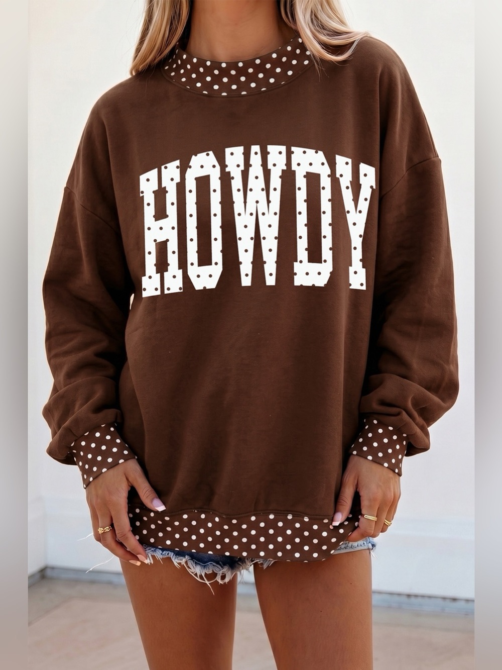 'HOWDY' Graphic Polka Dot Trim Sweatshirt